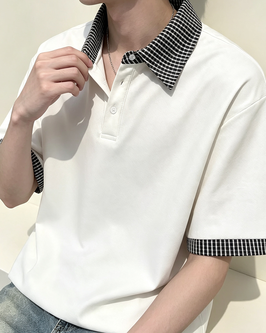 Men Patchwork Collar Short Sleeve Polo Shirt