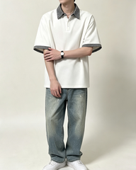 Men Patchwork Collar Short Sleeve Polo Shirt