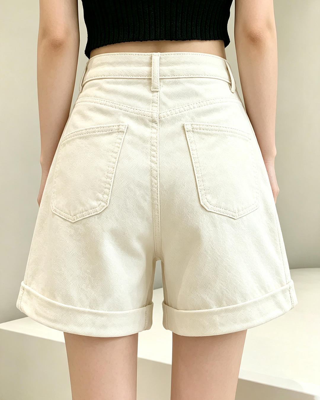 Women High Waist Roll Hem Denim Shorts